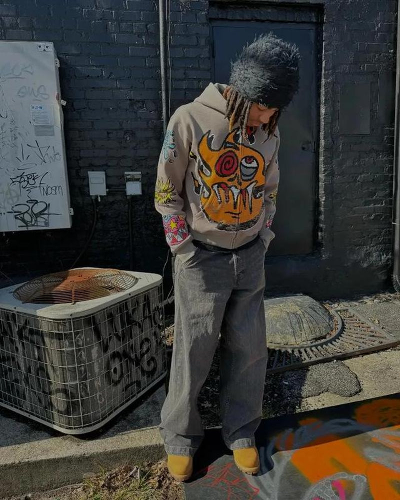American Gothic Trendy Letter Pattern Printed Oversized Hoodie Men'S Y2K Fashion Harajuku All-Match Loose Zipper Sweatshirt Vintage