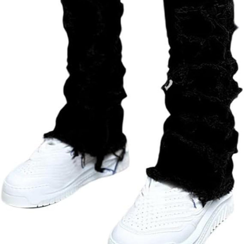 Men'S Slim Fit Stretch Jeans Distressed Patchwork Stacked Frayed Straight Leg Skinny Denim Pants