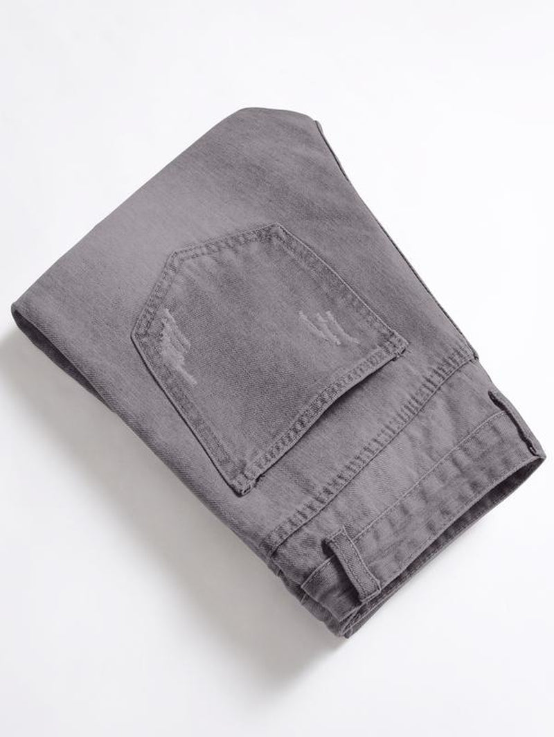 Grey Jeans for Men, Mid Waist Street Style Comfort Straight Leg Ripped Trousers for Daily Outdoor Wear, Menswear Fashion Streetwear Casual Pants