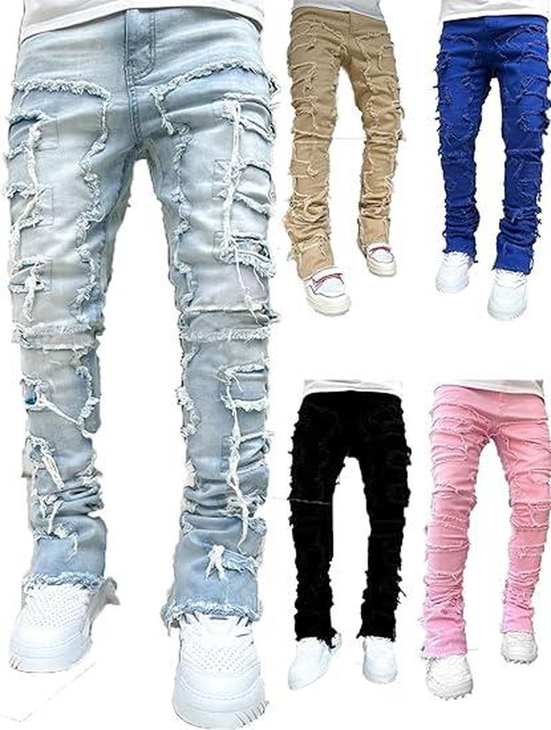 Men'S Slim Fit Stretch Jeans Distressed Patchwork Stacked Frayed Straight Leg Skinny Denim Pants