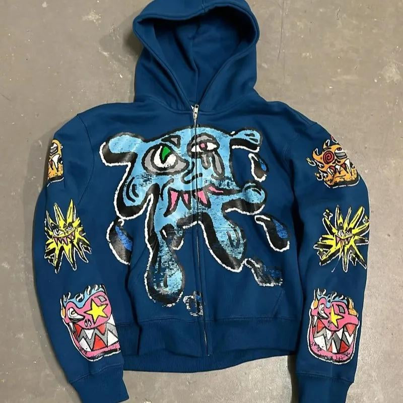 American Gothic Trendy Letter Pattern Printed Oversized Hoodie Men'S Y2K Fashion Harajuku All-Match Loose Zipper Sweatshirt Vintage