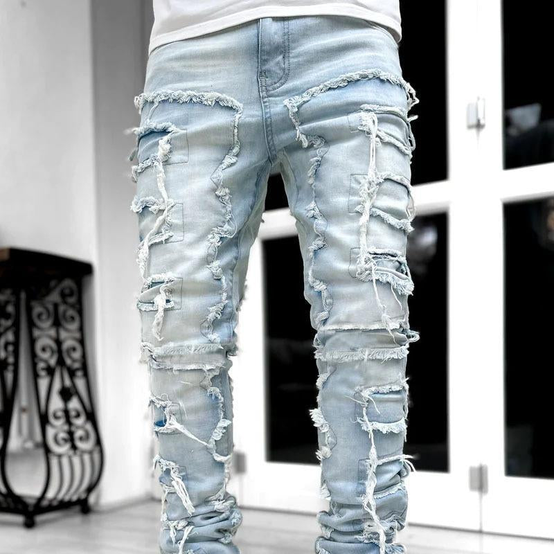 Men'S Slim Fit Stretch Jeans Distressed Patchwork Stacked Frayed Straight Leg Skinny Denim Pants