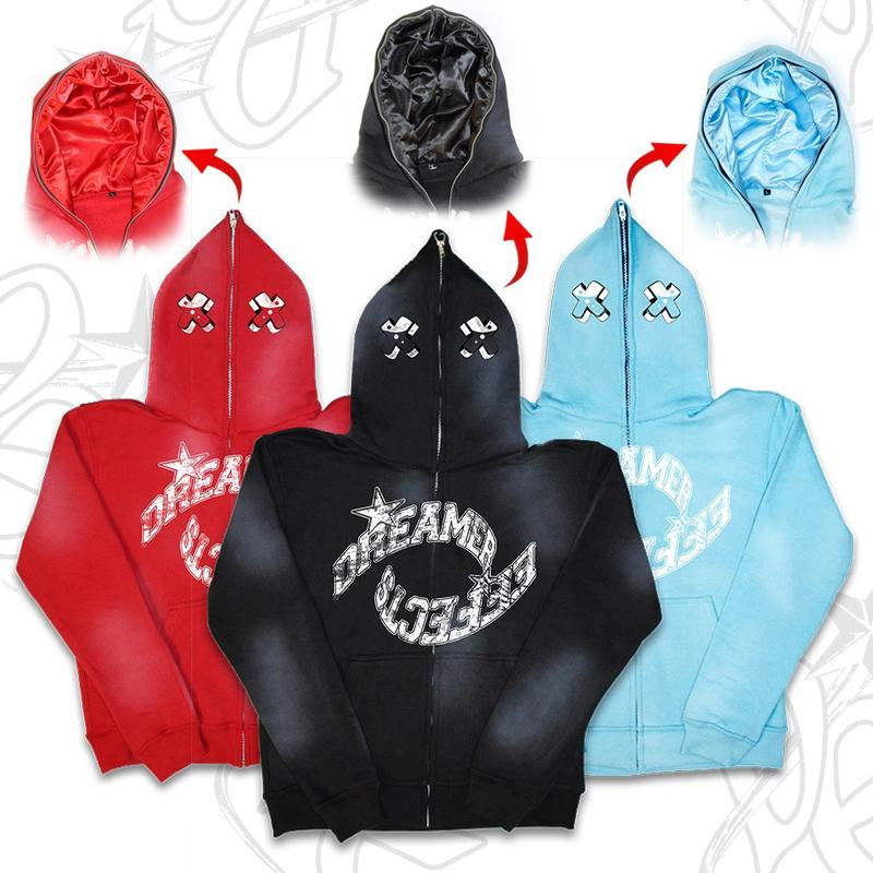 RETRO FULL ZIP UPS - with Screen Printed Y2K Style Streetwear Fashion Designs, Cozy 100% Cotton, and Satin Lined Hood