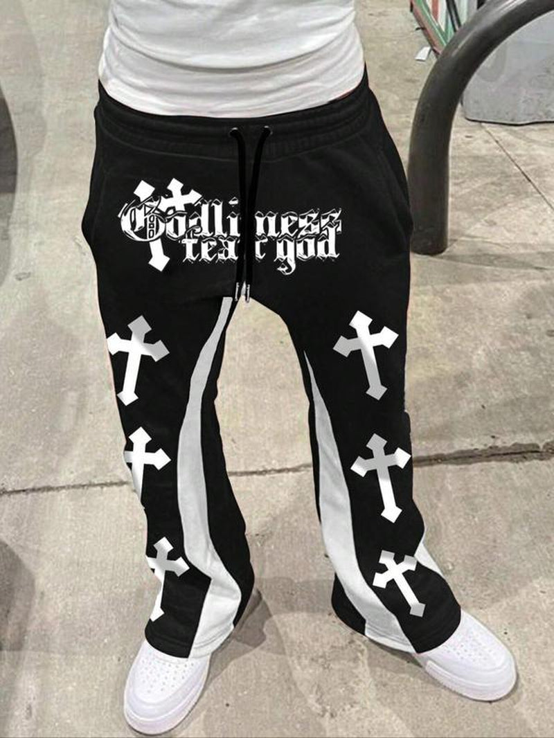 Men'S Letter Cross Graphic Print Drawstring Waist Sweatpants, Street Casual Pocket Trousers for Daily Wear, Men'S Bottoms for Summer