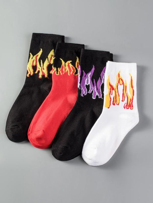 Men'S 4 Pairs Flame Print Crew Socks, Men'S Stocking Stuffers, Fashion Casual Street Comfy Socks for Daily Outdoor Wear, Men Socks for All Seasons, Menswear Underwear