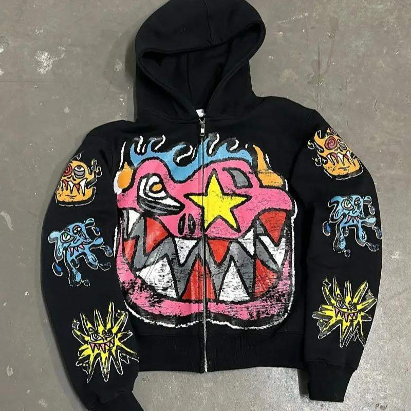 American Gothic Trendy Letter Pattern Printed Oversized Hoodie Men'S Y2K Fashion Harajuku All-Match Loose Zipper Sweatshirt Vintage