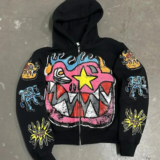 American Gothic Trendy Letter Pattern Printed Oversized Hoodie Men'S Y2K Fashion Harajuku All-Match Loose Zipper Sweatshirt Vintage