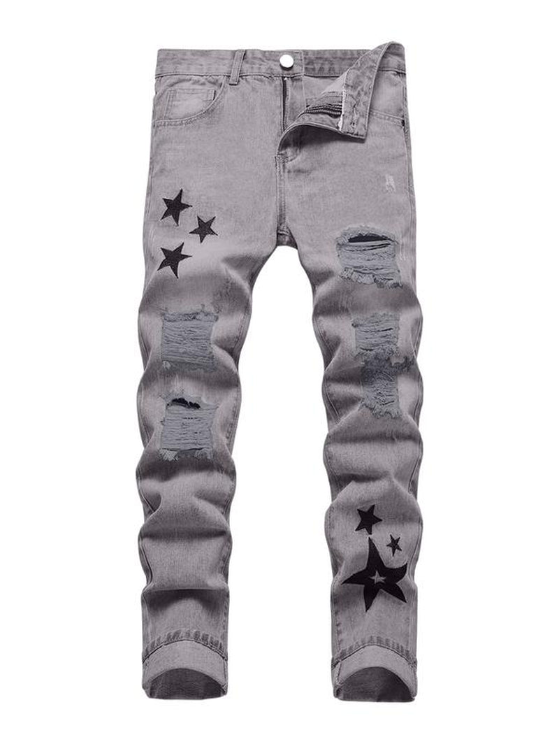 Grey Jeans for Men, Mid Waist Street Style Comfort Straight Leg Ripped Trousers for Daily Outdoor Wear, Menswear Fashion Streetwear Casual Pants