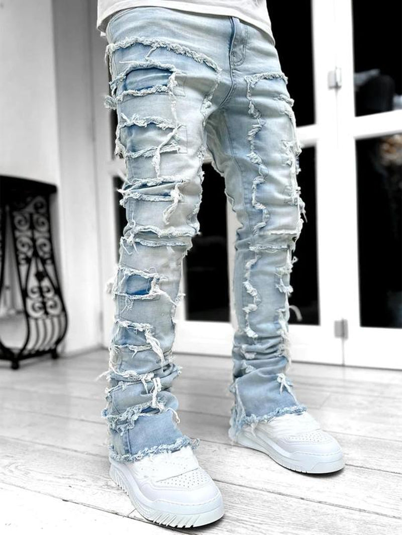 Men'S Slim Fit Stretch Jeans Distressed Patchwork Stacked Frayed Straight Leg Skinny Denim Pants