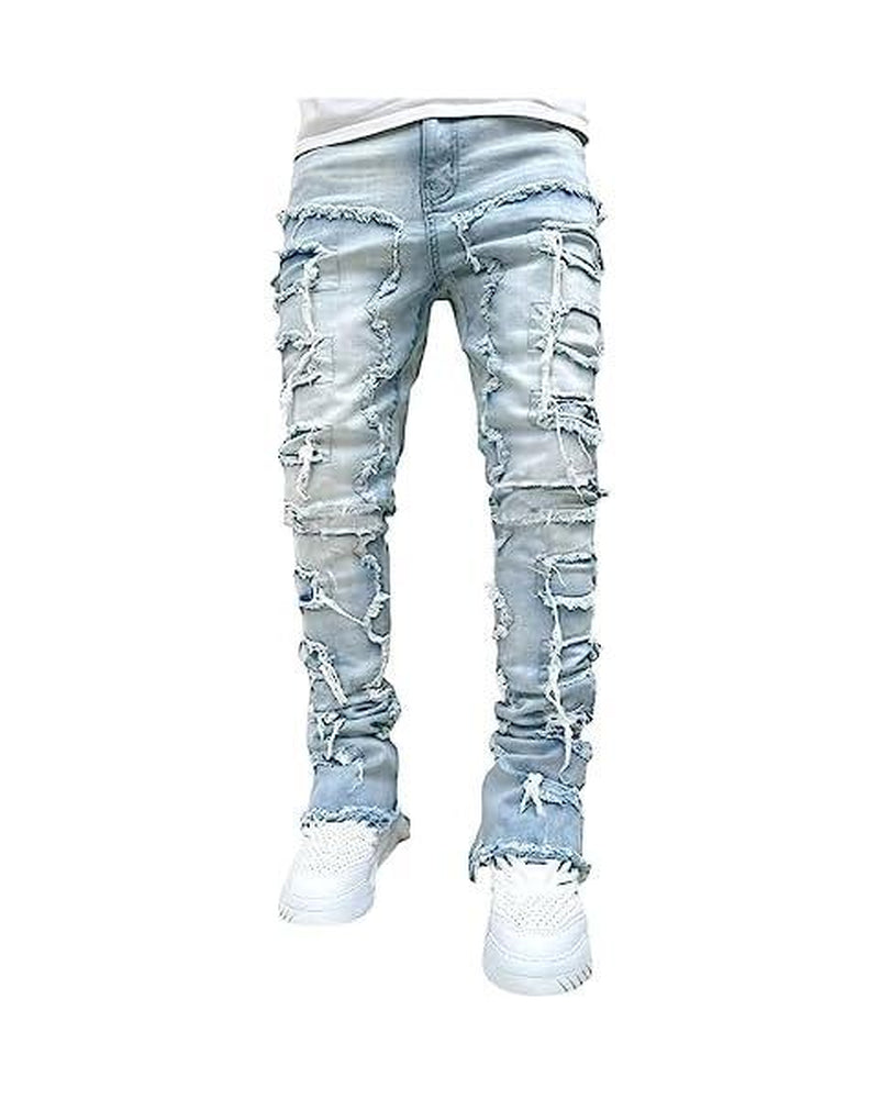 Men'S Slim Fit Stretch Jeans Distressed Patchwork Stacked Frayed Straight Leg Skinny Denim Pants