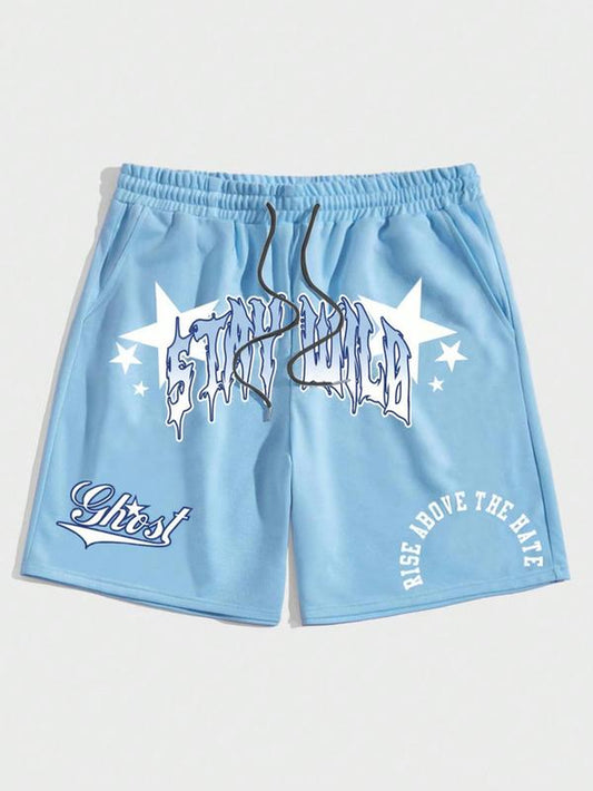 Men'S Star & Letter Print Drawstring Waist Shorts, Y2K Casual Regular Fit Pocket Straight Leg Shorts for Summer, Mens Bottoms for Daily Wear
