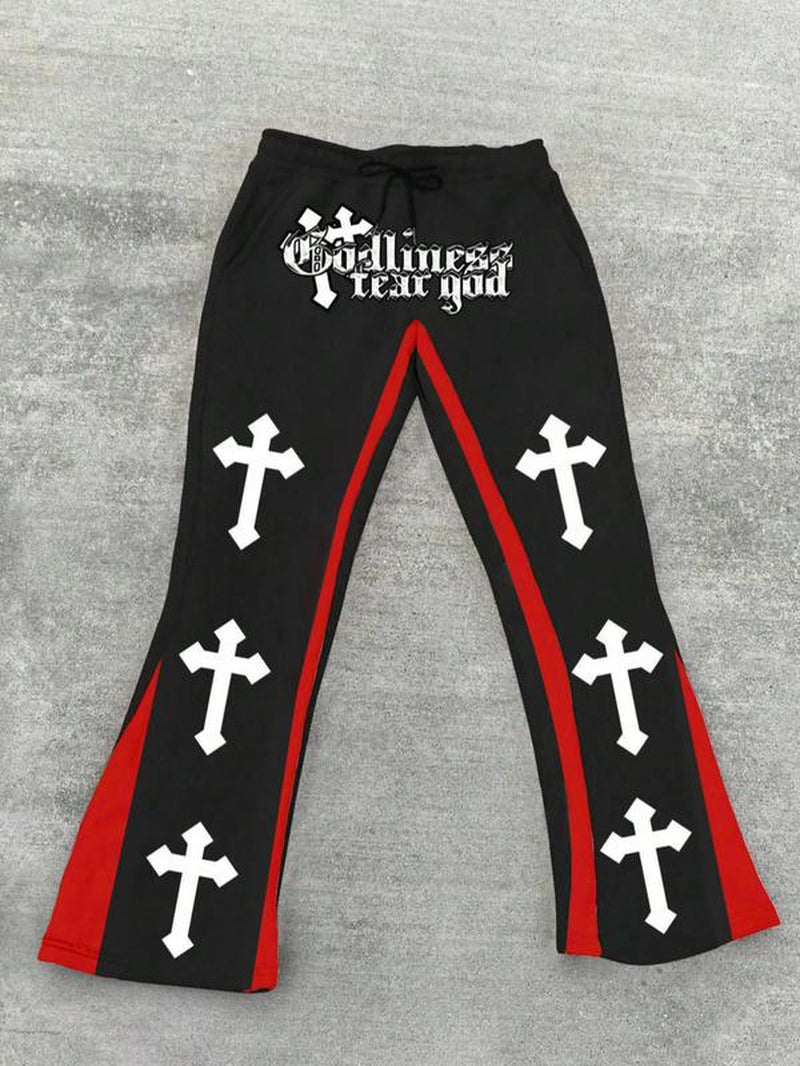 Men'S Letter Cross Graphic Print Drawstring Waist Sweatpants, Street Casual Pocket Trousers for Daily Wear, Men'S Bottoms for Summer