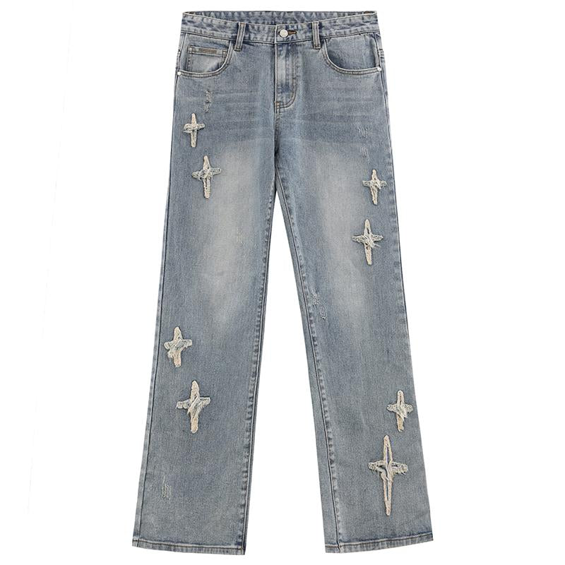 Iconslab&Psylos1 Patchwork Cross Star Embroidered Bootcut Distressed Jeans Menswear Underwear Pants Streetwear Classic Denim