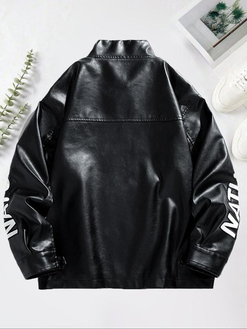 Men'S Regular Fit Letter Patched Pocket Zipper PU Leather Jacket, Street Fashion Comfy Long Sleeve Button Design Outerwear for Daily Outdoor Wear, Men Cloths for Fall & Winter