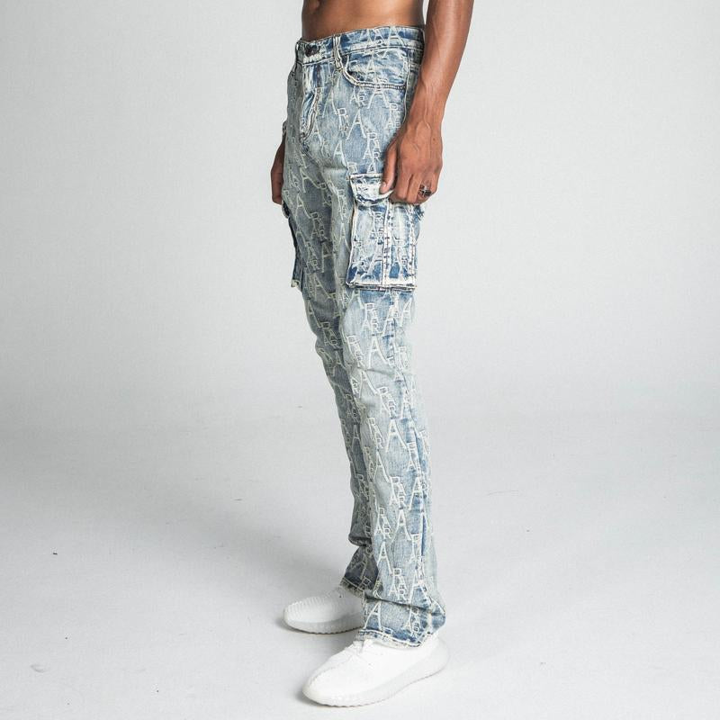 Stacked Fit Embroidery Logo with Cargo Pockets Denim Armor Jeans for Men 2024 Streetwear Pants, Stretchable Cotton Menswear Clothes Embroidered Stylish