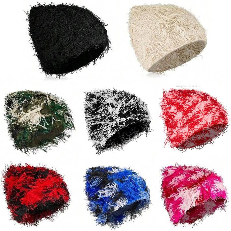 New Warm Thick Stretchable Distressed Knitted Beanie Fuzzy Winter Hats Trendy Tassel Y2K Beanies Outdoor Ski Knit Skull Cap for Women Men