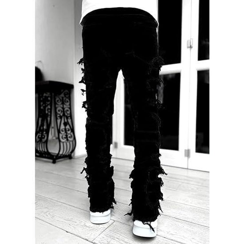 Men'S Slim Fit Stretch Jeans Distressed Patchwork Stacked Frayed Straight Leg Skinny Denim Pants