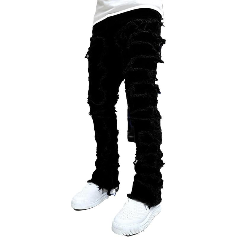 Men'S Slim Fit Stretch Jeans Distressed Patchwork Stacked Frayed Straight Leg Skinny Denim Pants