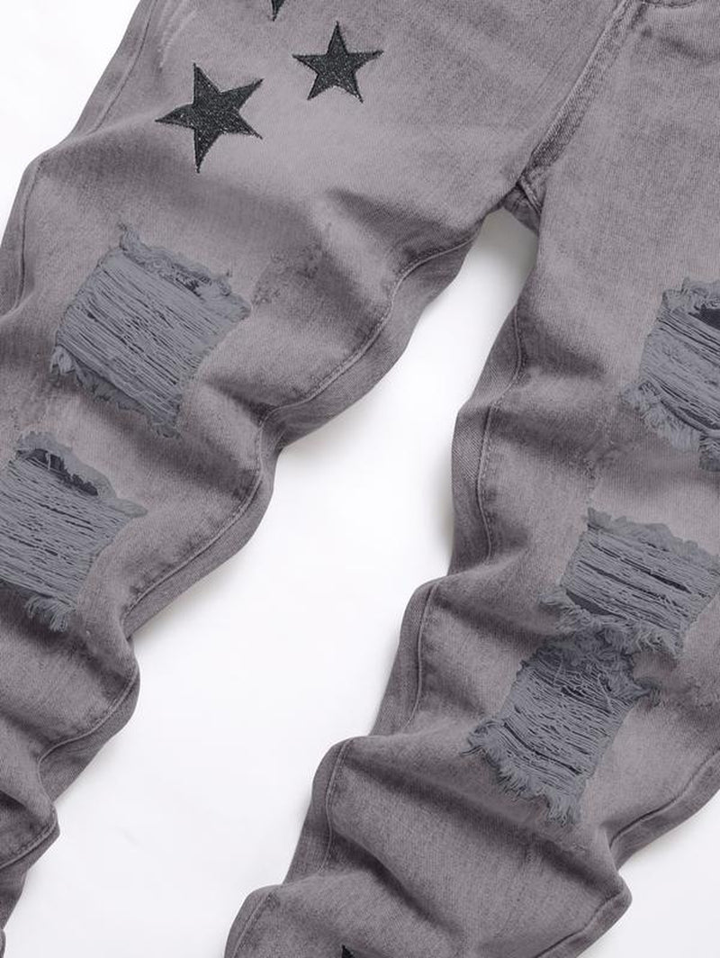 Grey Jeans for Men, Mid Waist Street Style Comfort Straight Leg Ripped Trousers for Daily Outdoor Wear, Menswear Fashion Streetwear Casual Pants