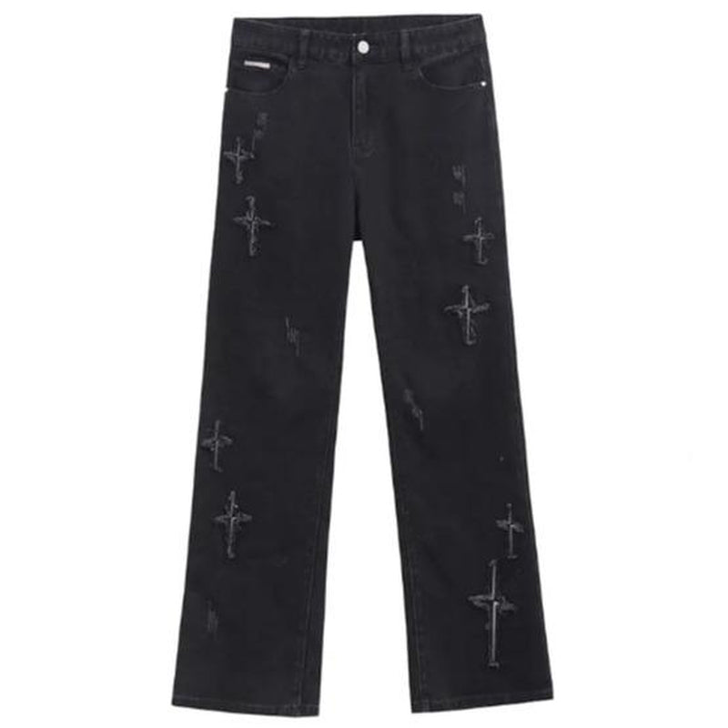 Iconslab&Psylos1 Patchwork Cross Star Embroidered Bootcut Distressed Jeans Menswear Underwear Pants Streetwear Classic Denim
