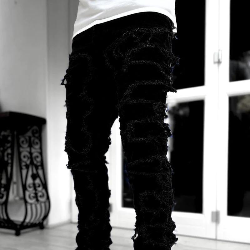 Men'S Slim Fit Stretch Jeans Distressed Patchwork Stacked Frayed Straight Leg Skinny Denim Pants