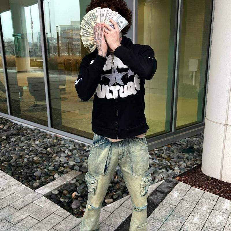 Money Culture Puff Print Zip up Jacket 100% Heavy Weight Cotton