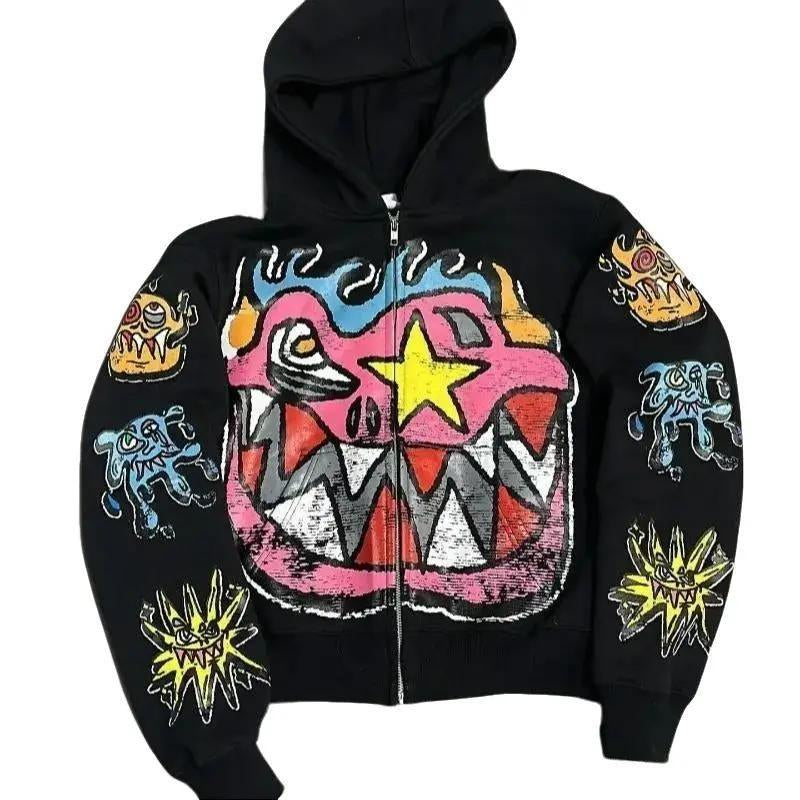 American Gothic Trendy Letter Pattern Printed Oversized Hoodie Men'S Y2K Fashion Harajuku All-Match Loose Zipper Sweatshirt Vintage