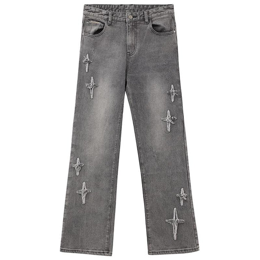 Iconslab&Psylos1 Patchwork Cross Star Embroidered Bootcut Distressed Jeans Menswear Underwear Pants Streetwear Classic Denim