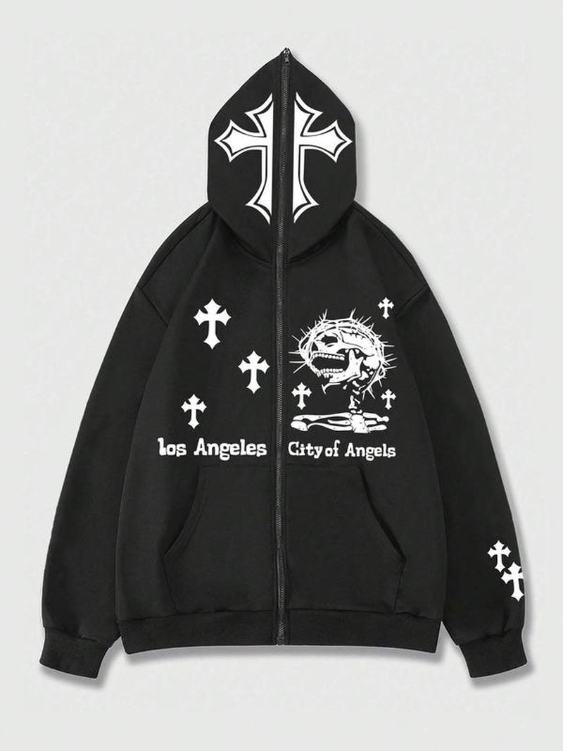 Men'S Graphic Pocket Zip up Essentials Hoodie, Y2K Clothes 2000S, Loose Long Sleeve Hooded Sweatshirt, Casual Top for Fall Winter