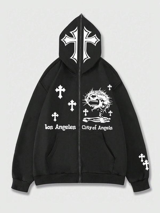 Men'S Graphic Pocket Zip up Essentials Hoodie, Y2K Clothes 2000S, Loose Long Sleeve Hooded Sweatshirt, Casual Top for Fall Winter