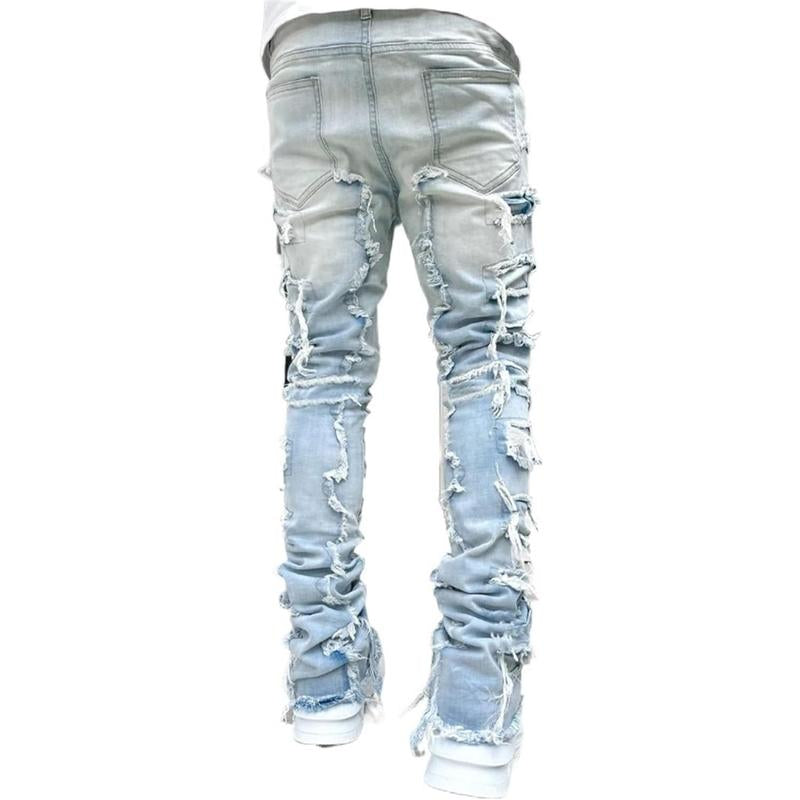 Men'S Slim Fit Stretch Jeans Distressed Patchwork Stacked Frayed Straight Leg Skinny Denim Pants