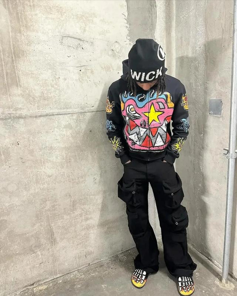 American Gothic Trendy Letter Pattern Printed Oversized Hoodie Men'S Y2K Fashion Harajuku All-Match Loose Zipper Sweatshirt Vintage
