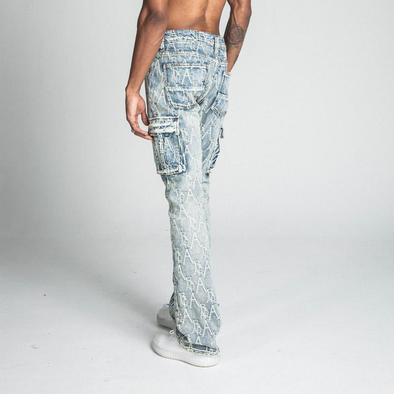 Stacked Fit Embroidery Logo with Cargo Pockets Denim Armor Jeans for Men 2024 Streetwear Pants, Stretchable Cotton Menswear Clothes Embroidered Stylish