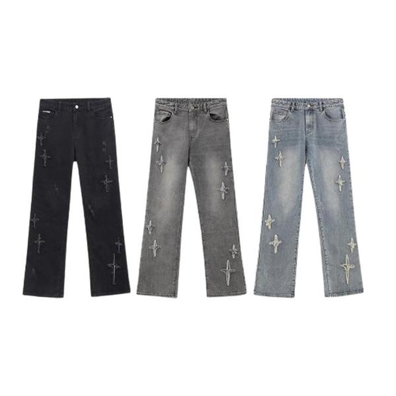 Iconslab&Psylos1 Patchwork Cross Star Embroidered Bootcut Distressed Jeans Menswear Underwear Pants Streetwear Classic Denim