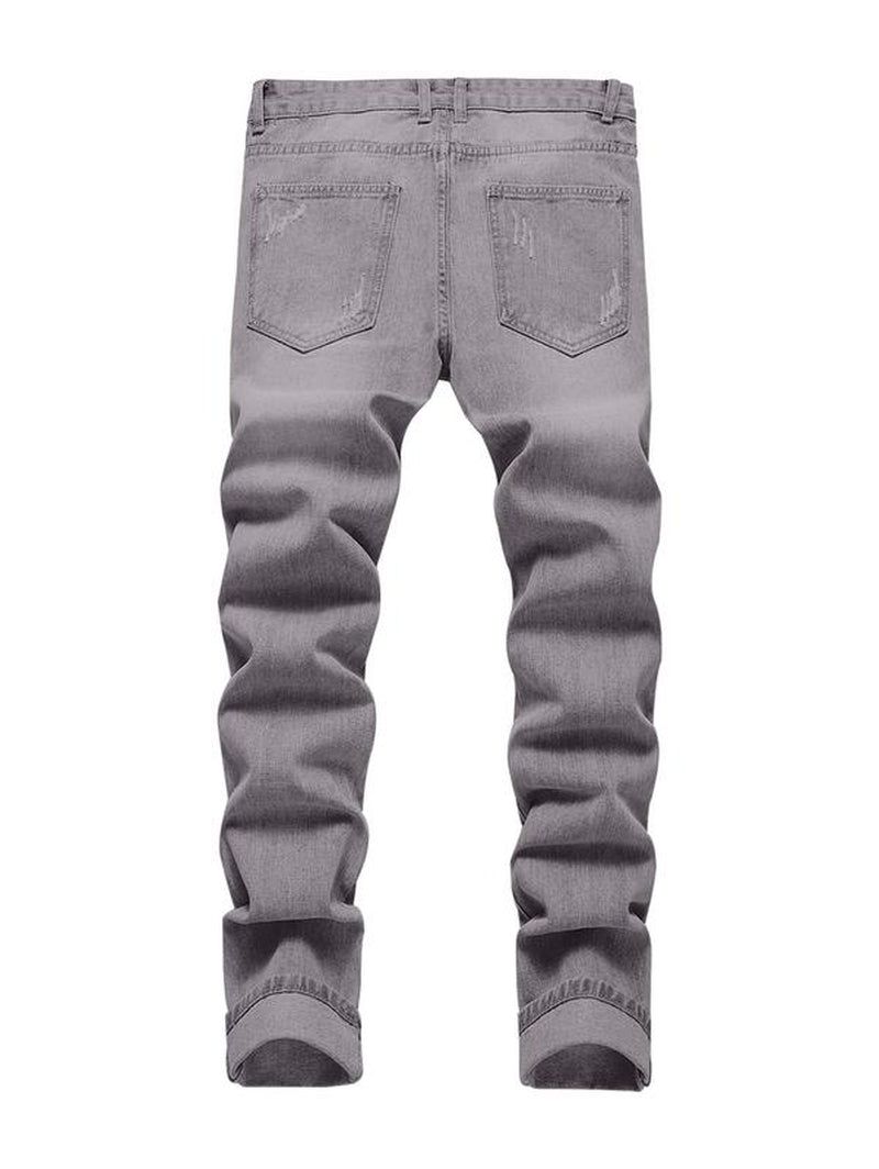 Grey Jeans for Men, Mid Waist Street Style Comfort Straight Leg Ripped Trousers for Daily Outdoor Wear, Menswear Fashion Streetwear Casual Pants