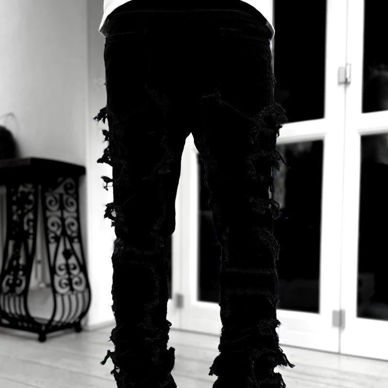 Men'S Slim Fit Stretch Jeans Distressed Patchwork Stacked Frayed Straight Leg Skinny Denim Pants