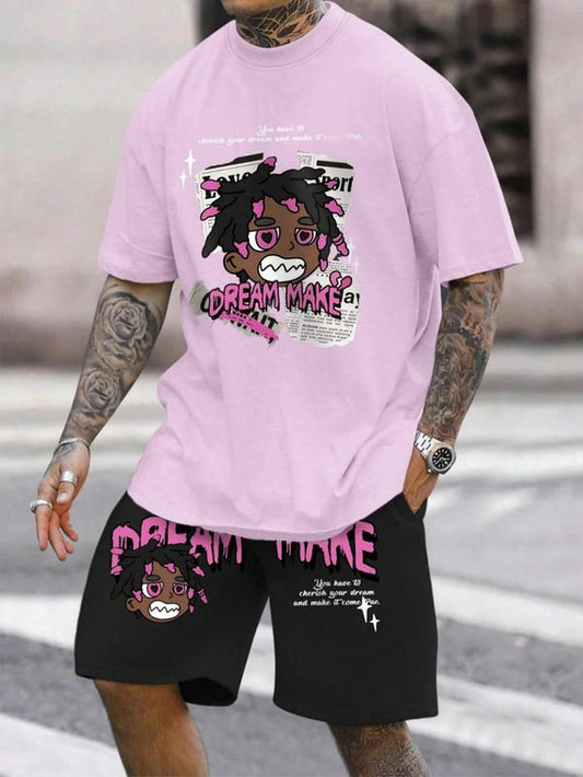 2 Piece Set Men'S Cartoon Face Print Drawstring Waist Shorts Set, Street Short Sleeve T-Shirt & Pocket Track Shorts for Daily Wear, Fashion Men Outfits for Summer