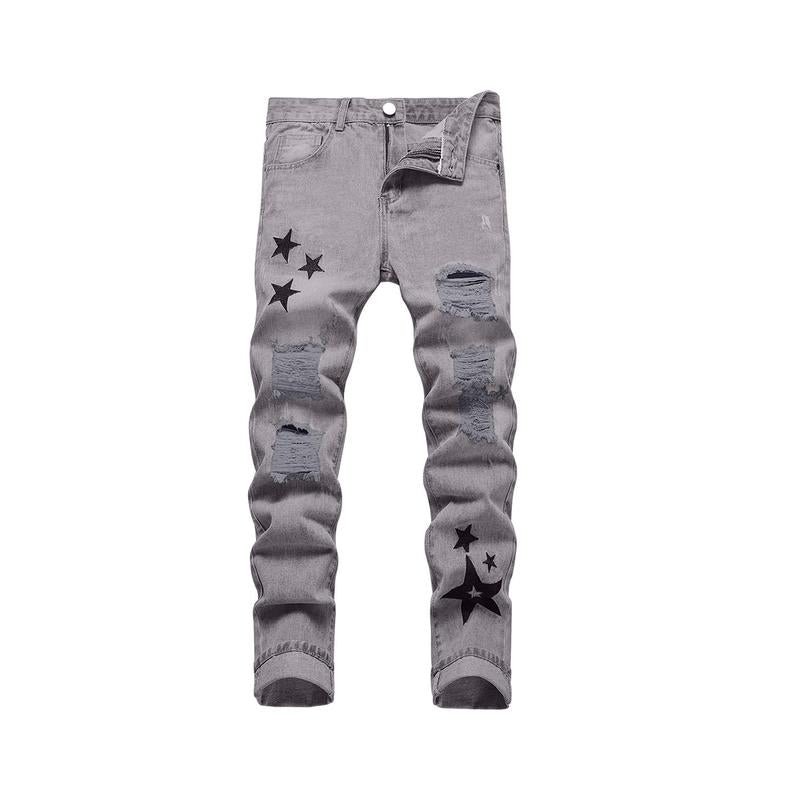 Grey Jeans for Men, Mid Waist Street Style Comfort Straight Leg Ripped Trousers for Daily Outdoor Wear, Menswear Fashion Streetwear Casual Pants