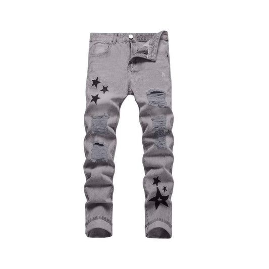 Grey Jeans for Men, Mid Waist Street Style Comfort Straight Leg Ripped Trousers for Daily Outdoor Wear, Menswear Fashion Streetwear Casual Pants