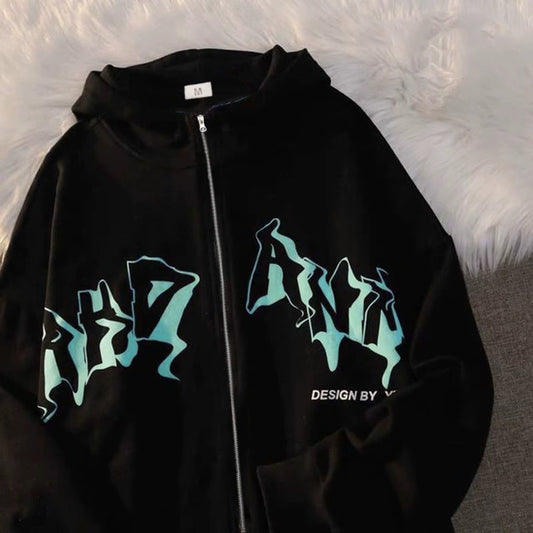Zip up Hoodies Hip Hop Classic Sweatshirt Vintage Goth Print Hooded Jacket Street Fashion Unisex Harajuku Style Y2K Sweat Jacket