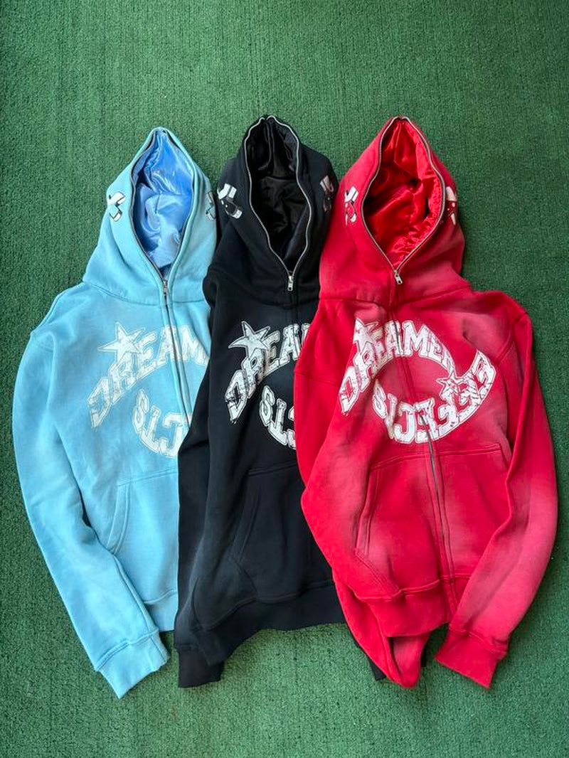 RETRO FULL ZIP UPS - with Screen Printed Y2K Style Streetwear Fashion Designs, Cozy 100% Cotton, and Satin Lined Hood