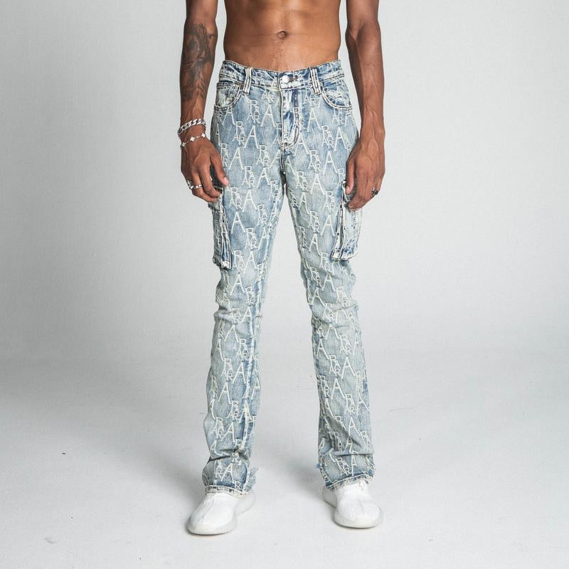 Stacked Fit Embroidery Logo with Cargo Pockets Denim Armor Jeans for Men 2024 Streetwear Pants, Stretchable Cotton Menswear Clothes Embroidered Stylish