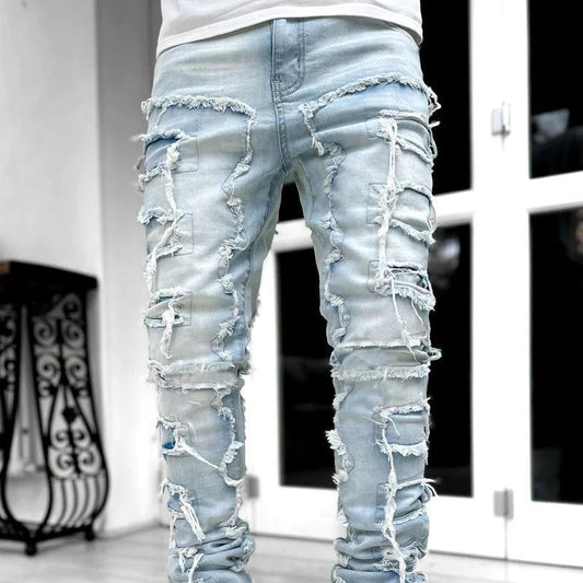 Men'S Slim Fit Stretch Jeans Distressed Patchwork Stacked Frayed Straight Leg Skinny Denim Pants