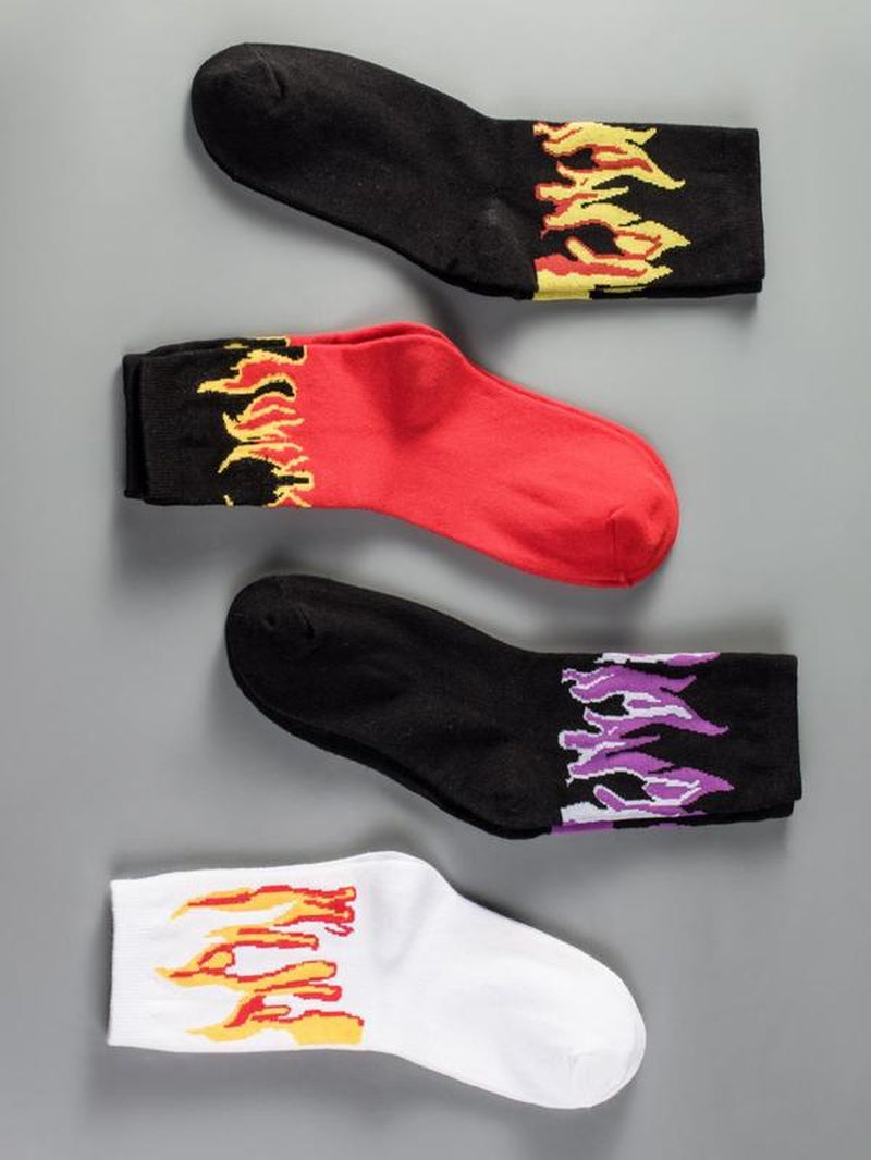 Men'S 4 Pairs Flame Print Crew Socks, Men'S Stocking Stuffers, Fashion Casual Street Comfy Socks for Daily Outdoor Wear, Men Socks for All Seasons, Menswear Underwear