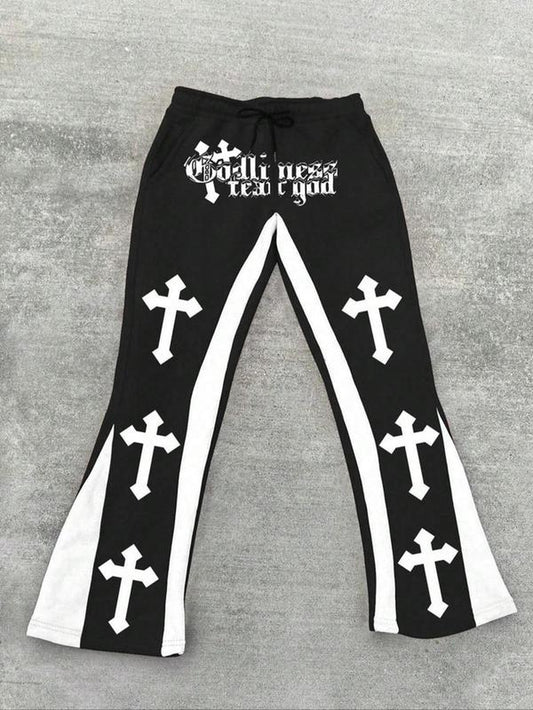 Men'S Letter Cross Graphic Print Drawstring Waist Sweatpants, Street Casual Pocket Trousers for Daily Wear, Men'S Bottoms for Summer