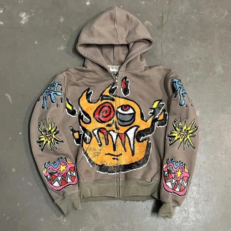 American Gothic Trendy Letter Pattern Printed Oversized Hoodie Men'S Y2K Fashion Harajuku All-Match Loose Zipper Sweatshirt Vintage