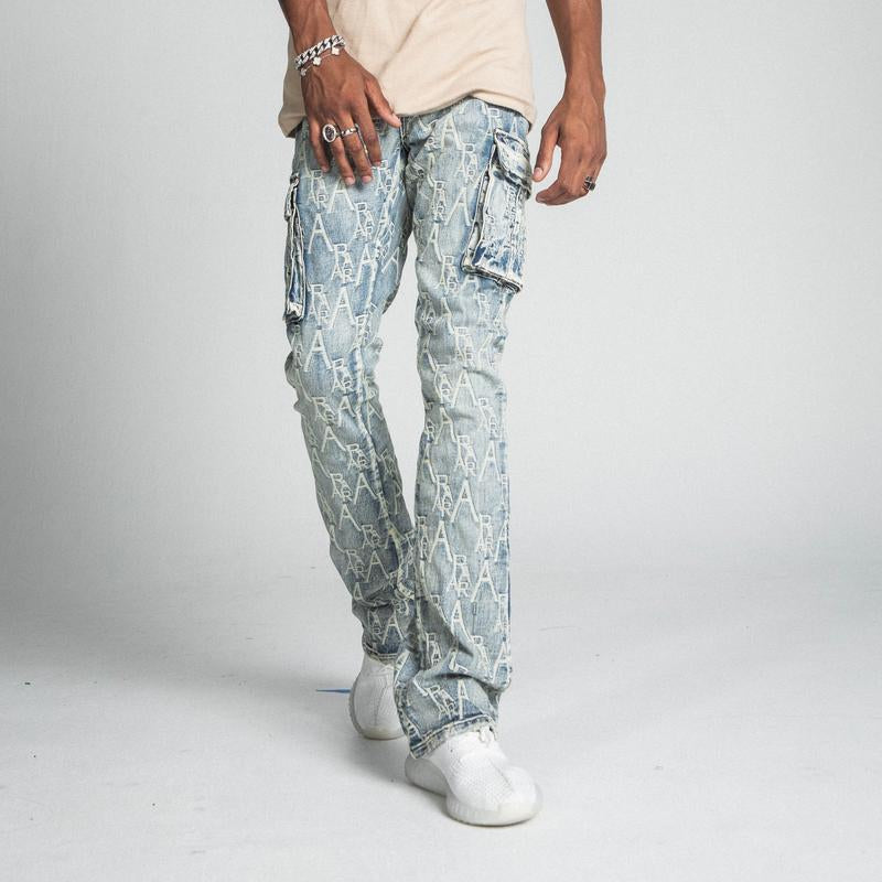 Stacked Fit Embroidery Logo with Cargo Pockets Denim Armor Jeans for Men 2024 Streetwear Pants, Stretchable Cotton Menswear Clothes Embroidered Stylish