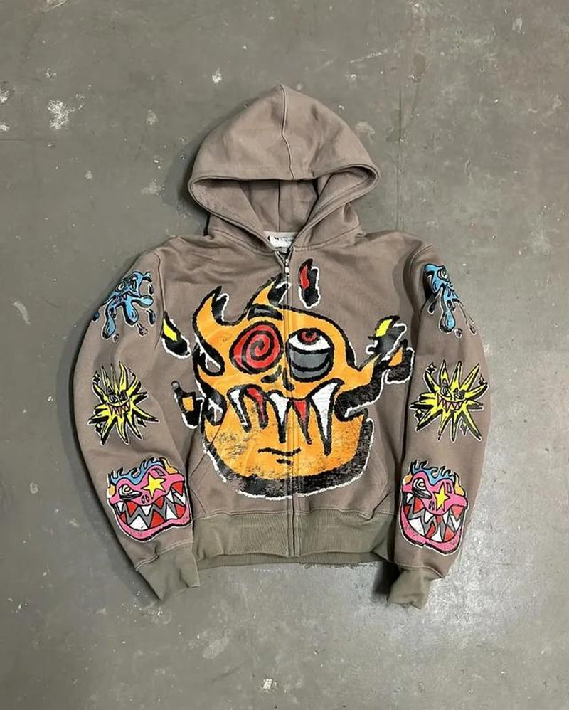 American Gothic Trendy Letter Pattern Printed Oversized Hoodie Men'S Y2K Fashion Harajuku All-Match Loose Zipper Sweatshirt Vintage